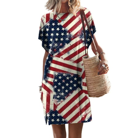 LEEy-world Dresses for Women 2023 Independence Day Women Sleeveless Tank Dresses July 4th American Flag Star Stripes Short Dress Hollow Neck Mini Dres