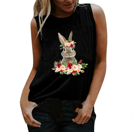 GWAABD Women S Round Neck Sleeveless Tank Top Casual Tops Women Easter Day Fashion Tank Top Floral Rabbit Printed Tee Shirt Round Neck Sleeveless T-sh