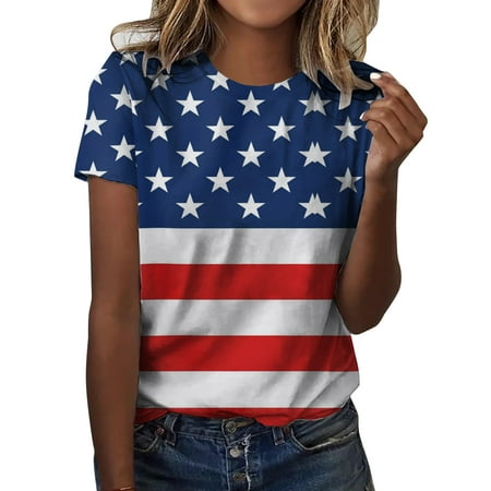 CLZOUD Woman Elegant Casual Blouse Blue for Women Print Daily Summer Shirts for Women S O Neck Tank Tops American Print Blouse Short Sleeve Workout Sh