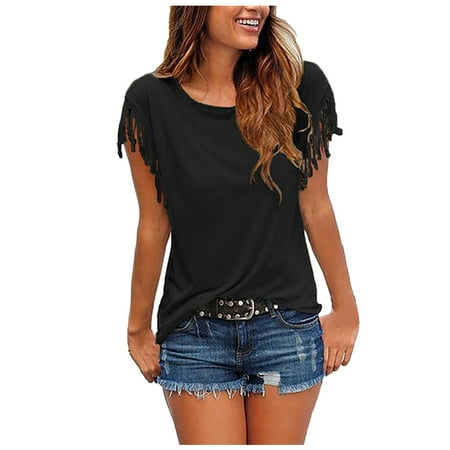 CLZOUD Women S Dressy Blouses Black Rayon Women S Casual Fashion Loose Tassel Sleeves Multicolor Short-Sleeved T-Shirt Xxxxxl