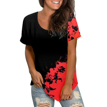 CLZOUD T Shirts for Women Red Women Casual Multicolor Printing Round Neck Short Sleeved Bound Edge Loose T Shirt Top L
