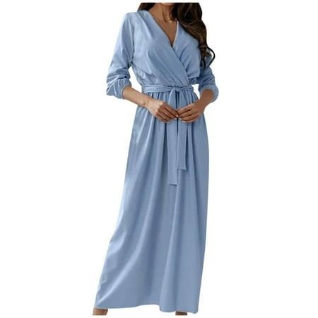 GWAABD Off Shoulder Maxi Dress Women Fashion Long Dress V-neck Elegant Soft Dress Long Sleeve Solid Color Beautiful Casual Party Elegant Dresses