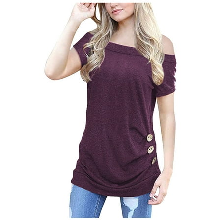 CLZOUD Casual Blouse for Women Purple Polyester Women S Lady Fashion Dew Shoulder Short Sleeve Solid Blouse Shirt Tops Tunics Xl
