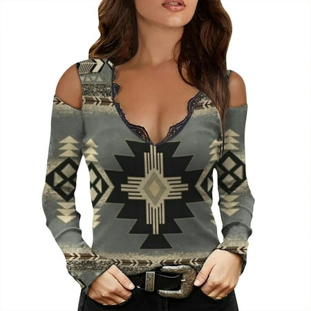 CLZOUD Womens Fitted Shirts Dark Gray Womens Retro Aztec Printed Western Ethnic Series Long Sleeved Off Shoulder Casual Shirt L