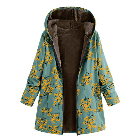 GWAABD Sherpa Jacket Women Plus Size Womens Winter Warm Outwear Floral Print Hooded Pockets Vintage Oversize Coats