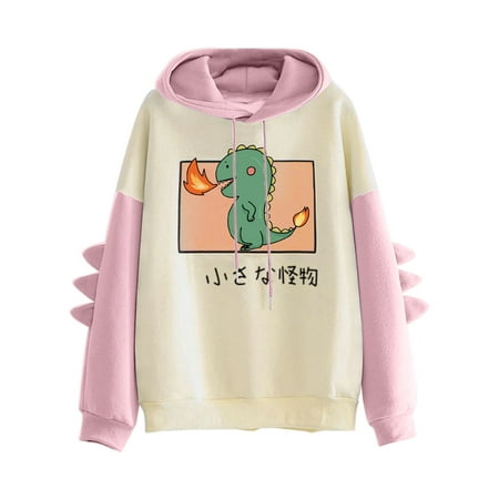 CLZOUD Women Summer Shirts Pink Women S Casual Long Sleeve Splicing Dinosaur Prints Sweatshirt Pullover Tops