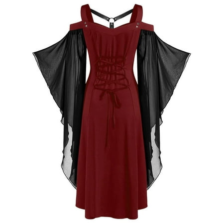 CLZOUD Dresses for Women 2023 Casual Women Plus Size Cool Solid Gothic Criss Cross Lace Insert Butterfly Sleeve Dress