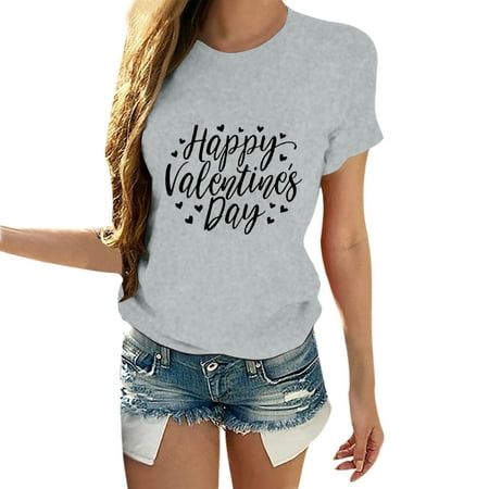 CLZOUD Womens Shirts and Blouses Grey Polyester Women Short Sleeves O Neck Love Print Casual Tops Blouse T Shirt S