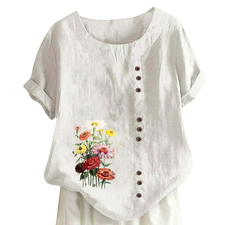 CLZOUD Womens Casual Shirt White Polyester Summer Womens Short Sleeve Printed Crew Neck Short Sleeve Hem Slit T Shirt Button Decoration Slim Shirt Top