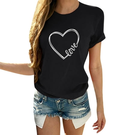 CLZOUD Summer T Shirt for Women Black Ployester Matching Shirts for Couples Womens Blouse Short Sleeve Love Print T Shirts Tops Gifts for Couples M