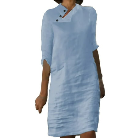 CLZOUD Summer Dresses for Women 2023 Blue Cotton and Linen Casual Stand Collar Button Cotton Linen Solid Color Mid Sleeved Dress Xxl