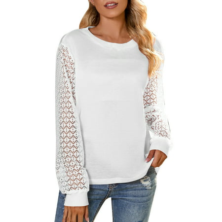 CLZOUD Women Tops and Blouses Dressy Casual White Women Long Sleeve Round Neck Solid Color Top Paneling Casual Fashion Pullover T Shirt L