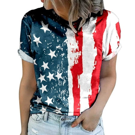 GWAABD Fashion Tops Womens Shirt Short Sleeve Round Neck USA Independence Day 4th of July Flag Top Loose Patriotic T Shirts