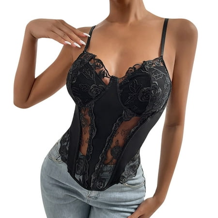 CLZOUD Plus Size Tops Black Lace Women S Rose Lace Fishbone Paneled Diamond Hot Girls Camisole