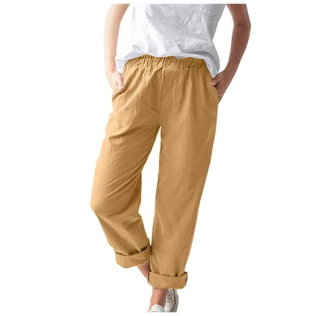 GWAABD Pantalones Acampanados Para Niñas Linen Elastic Waist Pants for Women Solid Color Loose Straight Pants with Pockets for Beach Work Business