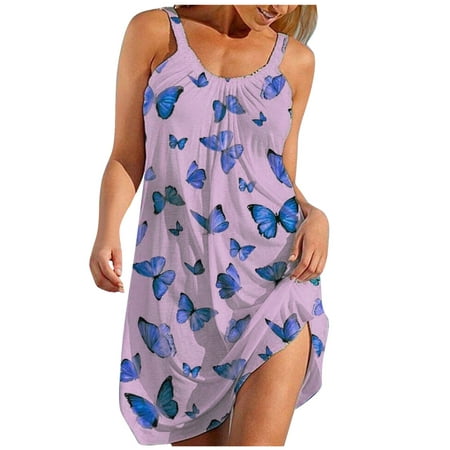 CLZOUD Women Flowy Dress Purple Polyester Women Tropical Print Halter Backless Maxi Dress Sleeveless Beach Dress M