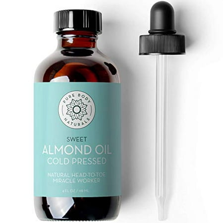 Sweet Almond Oil  4 Fl Oz - Cold Pressed and 100% Pure - for Hair  Skin  Nails  Therapeutic Massage  Carrier Oil - by Pure Body Naturals