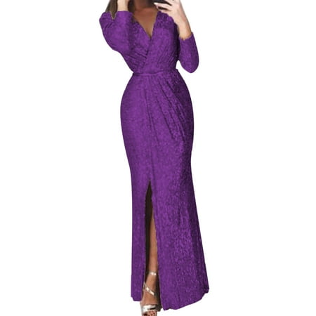 GWAABD Semi Formal Dresses Women S Sequin Long Sleeve V Neck Long Nightclub Style Slim Sling Dress with Slit