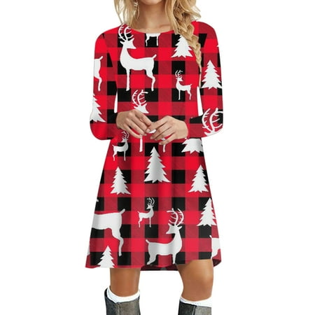CLZOUD Summer Casual Dresses for Women Red Polyester Spandex Womens Long Sleeve Crew Neck Deer Printed Soft Dress Fashion Party Swing Dress Xl