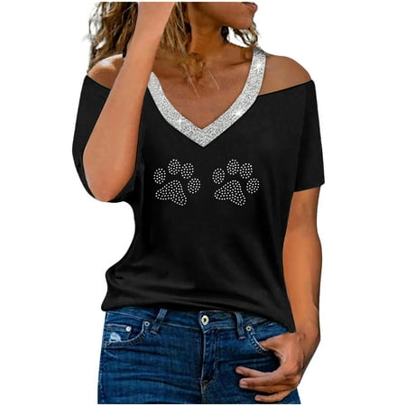 GWAABD Womens Long Sleeve Going Out Tops Women S Summer V Neck Off the Shoulder Bright Drill Print Short Sleeve T Shirt Top Blouse