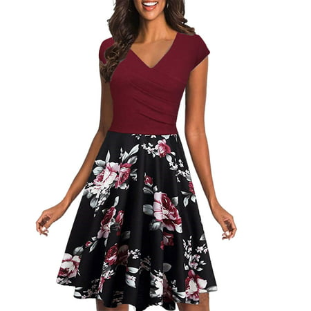 ELFINDEA Dresses for Women 4973 Women S Casual Fashion Print Short Sleeve V-Neck Knee-Length Party Dress 2XL