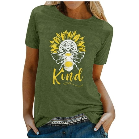 CLZOUD Women Blouses Elegant Casual Army Green Polyester Women S Fashion Loose Bee Print Round Neck Short Sleeve Blouse Top Xxl