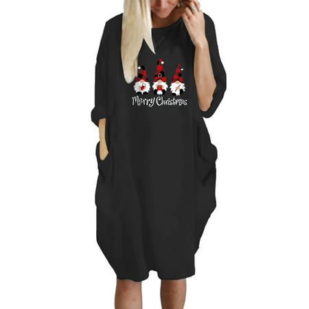 CLZOUD Women Casual Dresses Black Women S Print Long Sleeve Holi Party Loose Soft Elastic Dress with Pockets M