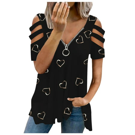 CLZOUD T Shirt Women Black Womens V-neck Collar Zipper Color Short Sleeve Fold Casual Blouse Tops