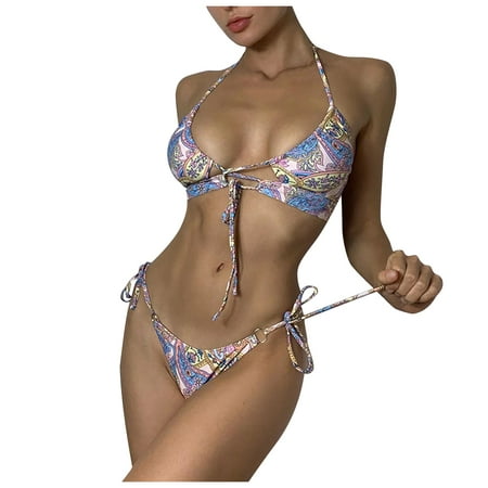 GWAABD Bikini Print Fashion Bikini Open Swimsuit Split Casual Women S Necktie Back Print Swimwears Tankinis Set