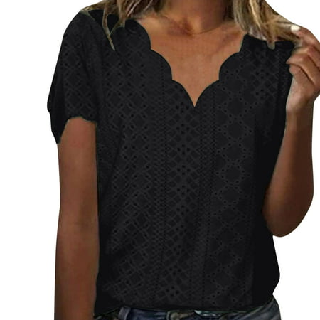 CLZOUD Women S Dressy Blouses Black Women Casual Solid Color V Neck Lace Trim Knitted Jacquard Short Sleeved T Shirt Top Xxl