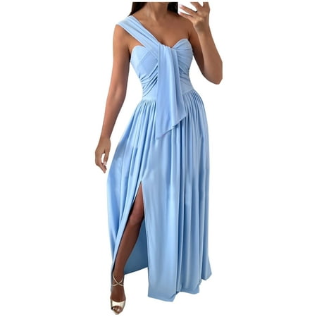 Guieoi Summer Dresses for Women 2289 Women S Summer Sexy Solid Slimming One Shoulder Sleeveless Split Hem Dresses Summer Dresses Clearance