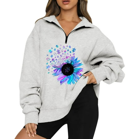 GWAABD Long Sweatshirts for Women Print Oversized Half Zip Pullover Long Sleeve Sweatshirt Quarter Zip Hoodie Sweater Teen Girls Fall Blouse Clothes