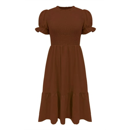 CLZOUD Cute Dresses for Women Coffee Polyester Womens Summer Half Sleeve Swing Mini Dress Square Neck Chiffon Dresses M
