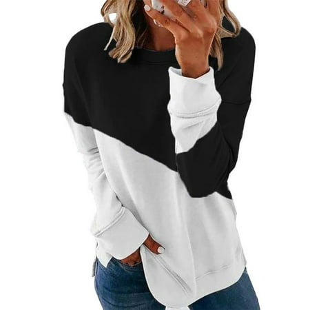 CLZOUD Womem T Shirts Black Polyester Woman S Casual Stitching Contrast Color Long Sleeve Blouse Pullover Tops Xxxl