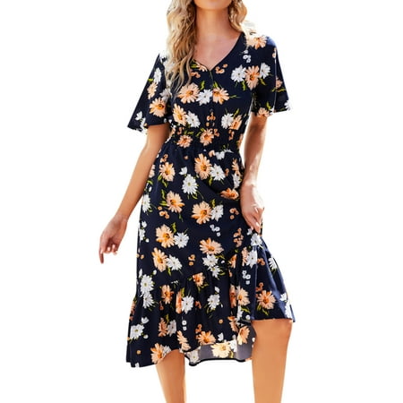 CLZOUD Dress for Women Casual Navy Polyester Spandex Womens Summer Short Sleeve V Neck Floral Short Party Dress Xl