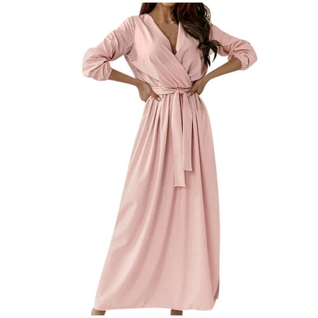 GWAABD Long Sleeve Tunic Dress Women Fashion Long Dress V-neck Elegant Soft Dress Long Sleeve Solid Color Beautiful Casual Party Elegant Dresses