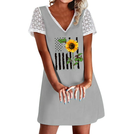 GWAABD Leopard Print Dress for Women Women Casual V Neck Sunflowers Print Lace Splice Swing Dress Short Sleeve a Line Swing Dress Beach MIDI Sundress 
