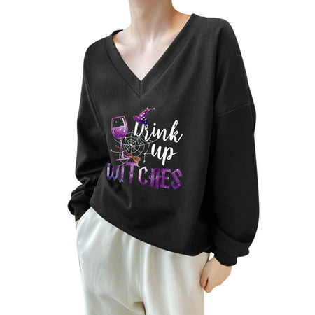 CLZOUD Women Shirts Summer Black Women Letter Print Witch Print Pullover V Neck Thin Sweatshirt Long Sleeve Tops Shirt Tunic Xxxl