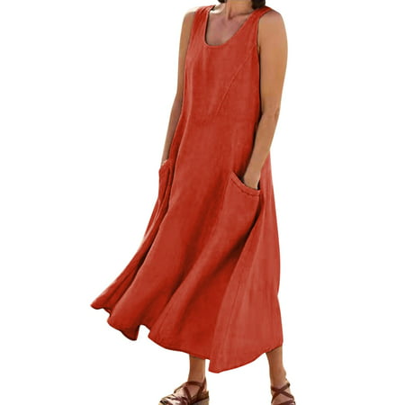 GWAABD Wrap Dress for Women Plus Size Dress for Women 2023 Fashion Casual Solid Cotton Linen Dress Sleeveless with Pocket Loose Dress Tank Maxi Dress