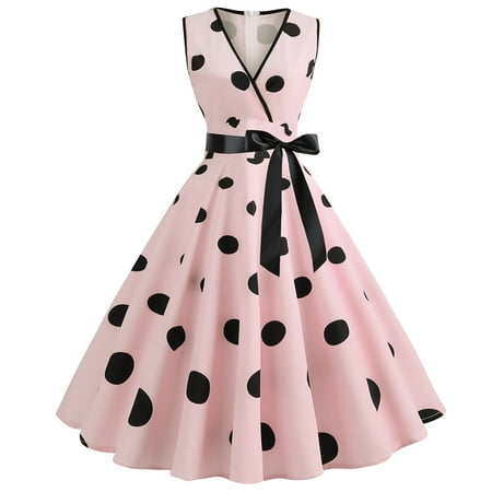 GWAABD Casual MIDI Shirt Dress Women Casual 1950s Retro Sleeveless V-Neck Dot Printing Party Prom Swing Dress