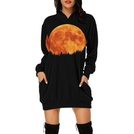 GWAABD Casual Maxi Dresses for Women Women Printing Long Sleeve Hoodie Sweatshirt Pocket Hoodie Pullover Dress