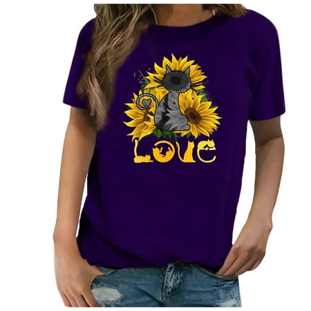 CLZOUD Shirts for Women Casual Summer Purple Polyester Women Casual Printing Shirts Short Sleeve Loose Tee Tops Tunic Blouse Xxl