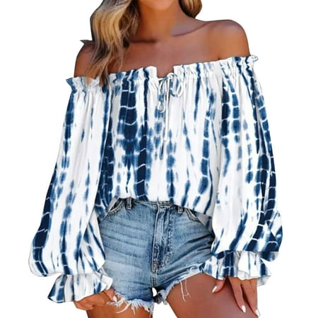 CLZOUD Women Shirts Summer Navy Women Summer Off Shoulder Shirt Floral Print Casual Long Sleeve Off Shoulder V Neck Tops Retro Ethnic Style Loose Blou