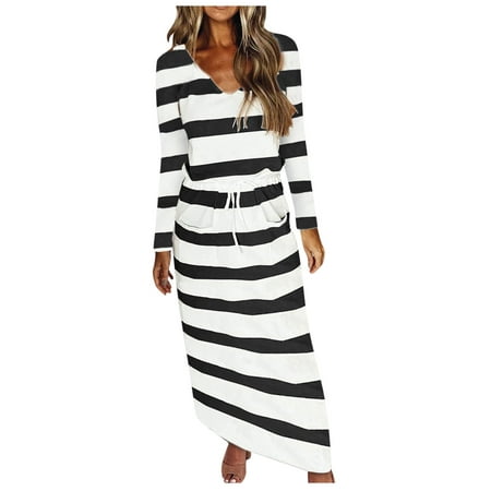 GWAABD Women S Long Dress Women Stripe Print Dress V-Neck Long Sleeve Loose Casual Pocket Dress