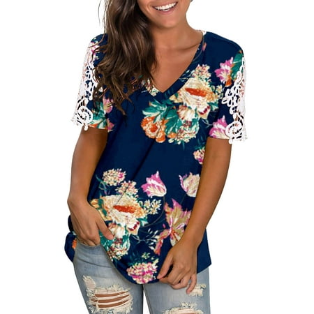 CLZOUD Basic T Shirts for Women Dark Blue Women Hollow Out Fashion Printing Short Sleeves V Neck T Shirt Blouse Tops L