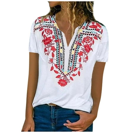 CLZOUD Womens Casual Shirt Red Polyester Woman Colour Flower Print Short Sleeve Round Neck Casual Loose Tops Short Sleeve Xxl