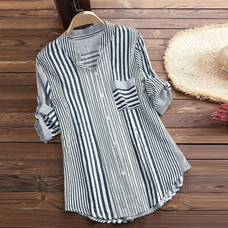 ELFINDEA Dresses for Women 2723 Women Plus Size Three Quarter Striped Print V-Neck Loose Fit Top T-Shirt Blouse 3XL