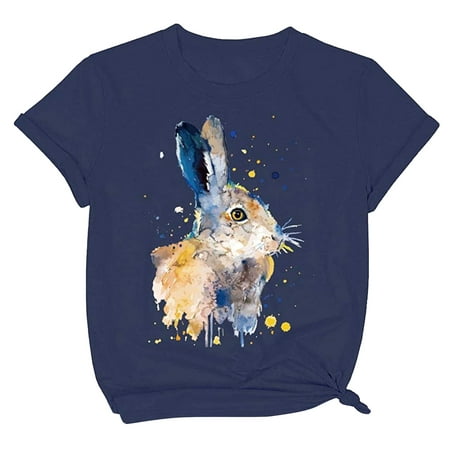 CLZOUD Women S Dressy Blouses Navy Polyester Women Casual Lovely Rabbit Printing Loose Comfortable Tops T-shirt Blouse S
