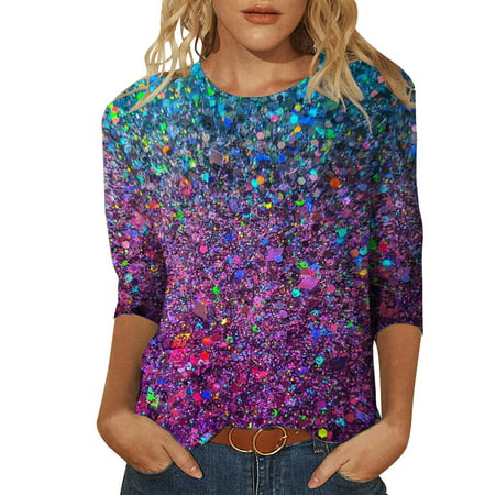 CLZOUD Women T Shirts Purple Polyester Womens Daily 3D Vintage Print O Neck Tops Three Quarter Sleeve Round Neck Tee Shirt 3D Printed Flower Loose Sid