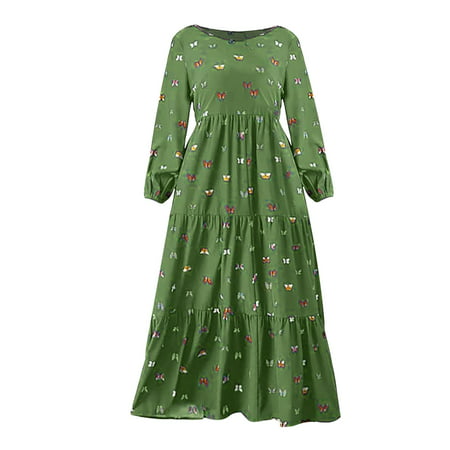 CLZOUD Casual Dress for Women Green Large Size Spring and Summer Round Neck Solid Color Floral Print Decoration Long Sleeves High Waist Elastic Waist 